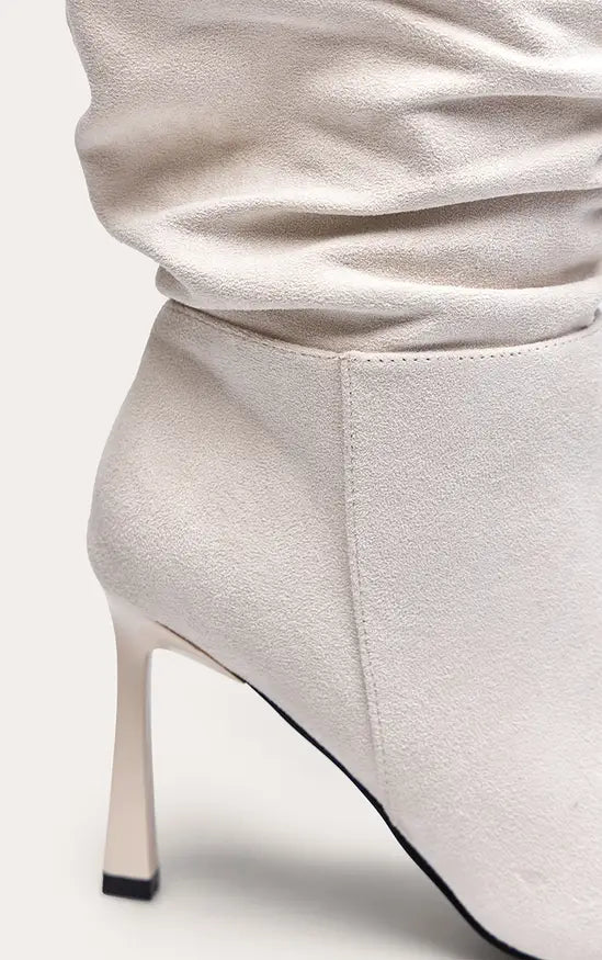 Plt - Cream Faux Suede Ruched Chiseled Toe Ankle Boots