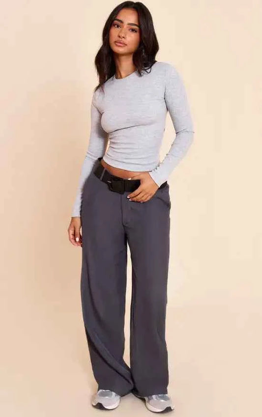 Plt - Petite Grey Marl Soft Rib Crew Neck Long Sleeve Top