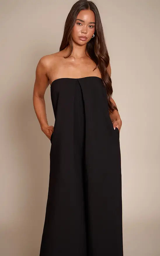 PLT Label Black Pleat Detail Bandeau Wide Leg Jumpsuit