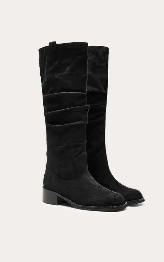 Plt - Black Faux Suede Low Heeled Ruched Knee High Boots