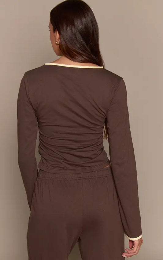 Plt Chocolate Cotton Contrast Cuff Long Sleeve Top