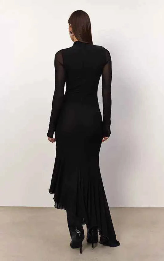 Black Mesh Long Sleeve High Neck Ruched Maxi Dress
