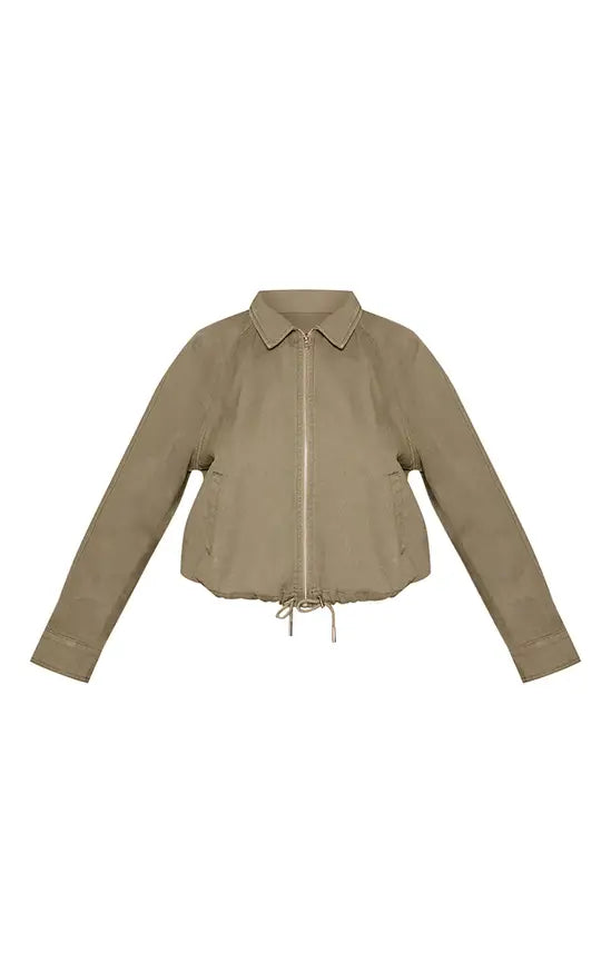 Plus Khaki Denim Zip Up Bomber Jacket