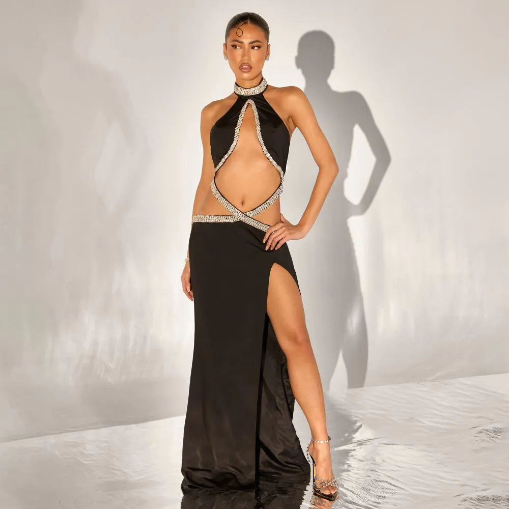 High Neck Diamante Trim Detail Cut Out Side Split Maxi Dress In Black