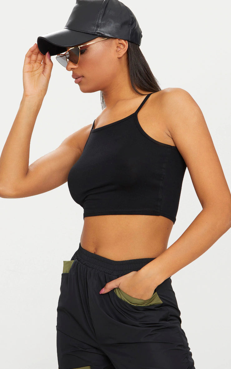 Basic Black Cotton Blend Racer Neck Crop Top