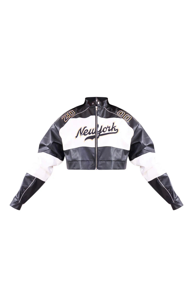 BLACK FAUX LEATHER CONTRAST PANEL CUBA GRAPHIC CROP RACER JACKET
