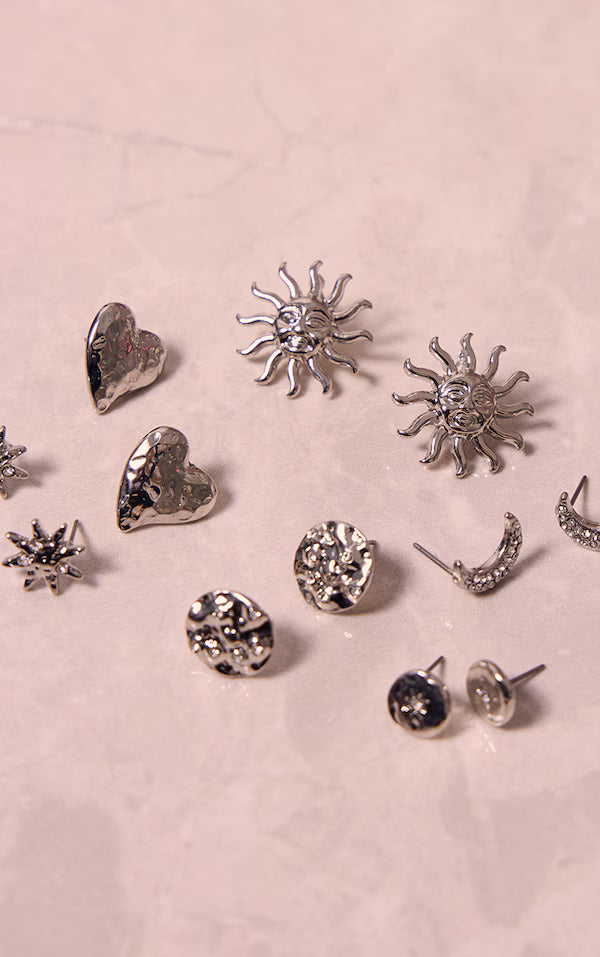 Silver Sun, Moon & Heart Diamante Earrings Multipack