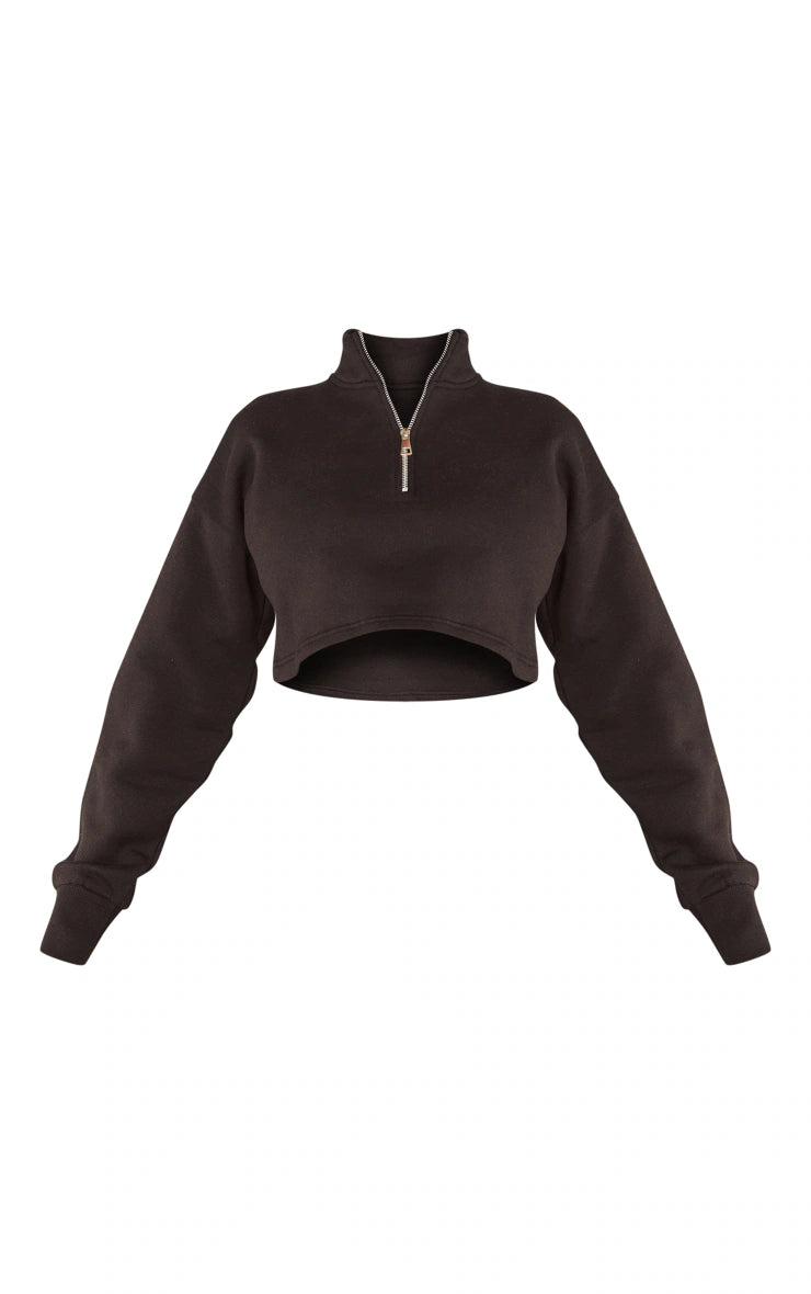 Black High Neck Zip Up Cropped Sweatshirt
