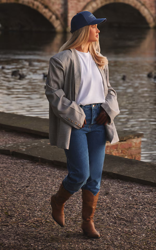 Brown Houndstooth Shoulder Padded Oversized Curved Hem Blazer