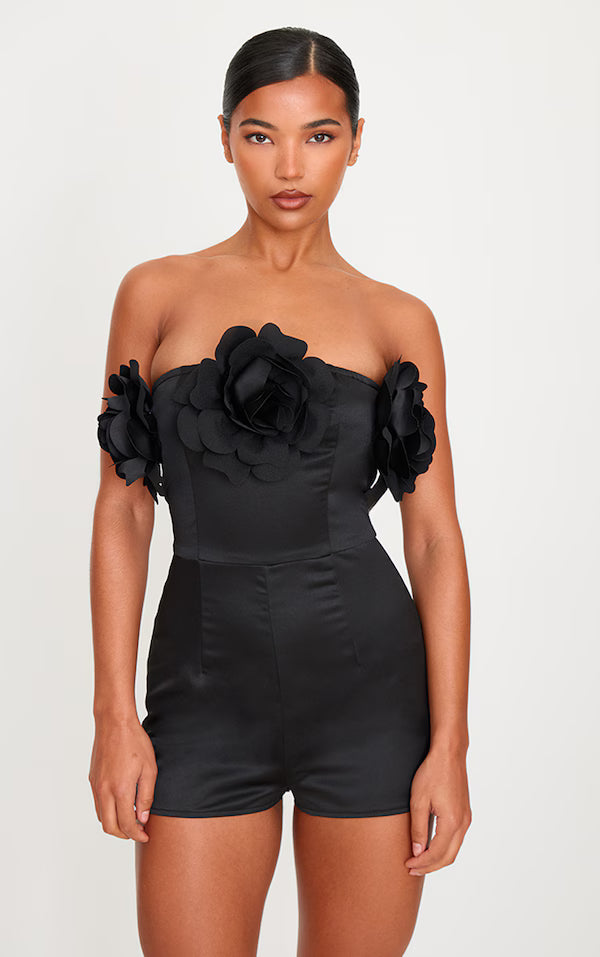 Black Satin Floral Corsage Detail Bandeau Romper