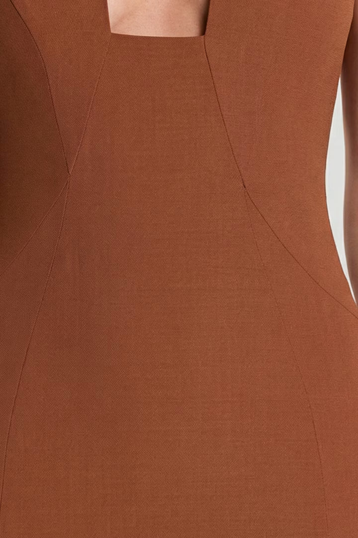 OhPolly - Woven Twill Halter Neck Plunge Maxi Dress in Chestnut Brown