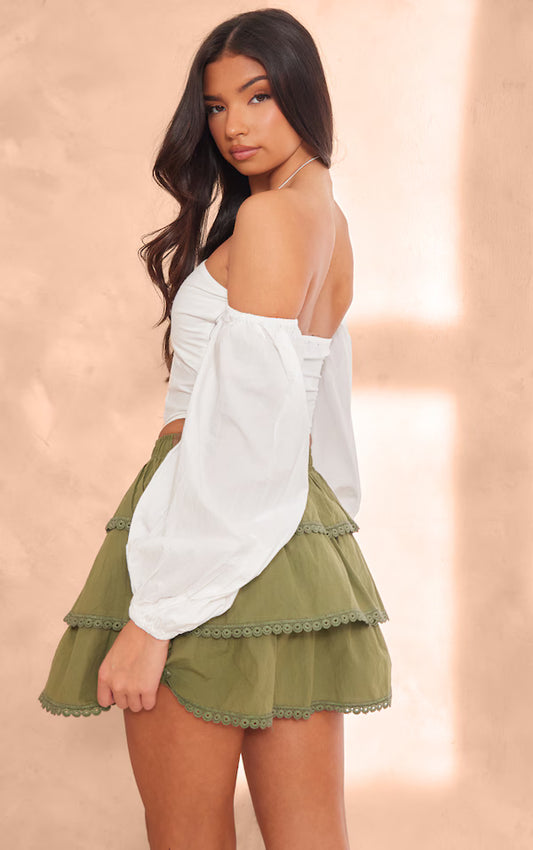 White Poplin Elastic Halter Bardot Top