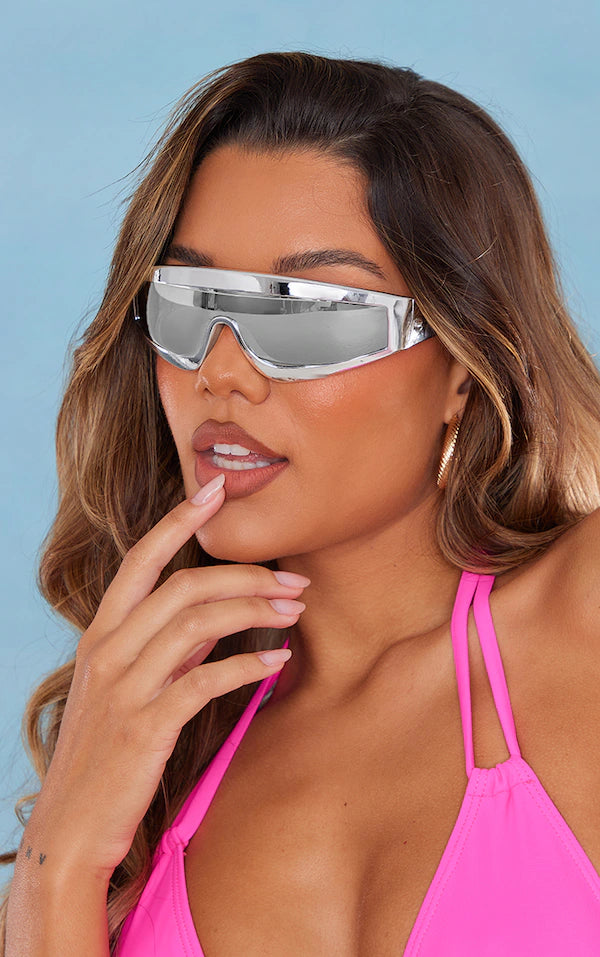 Silver Curved Metallic Frame Visor Sunglasses