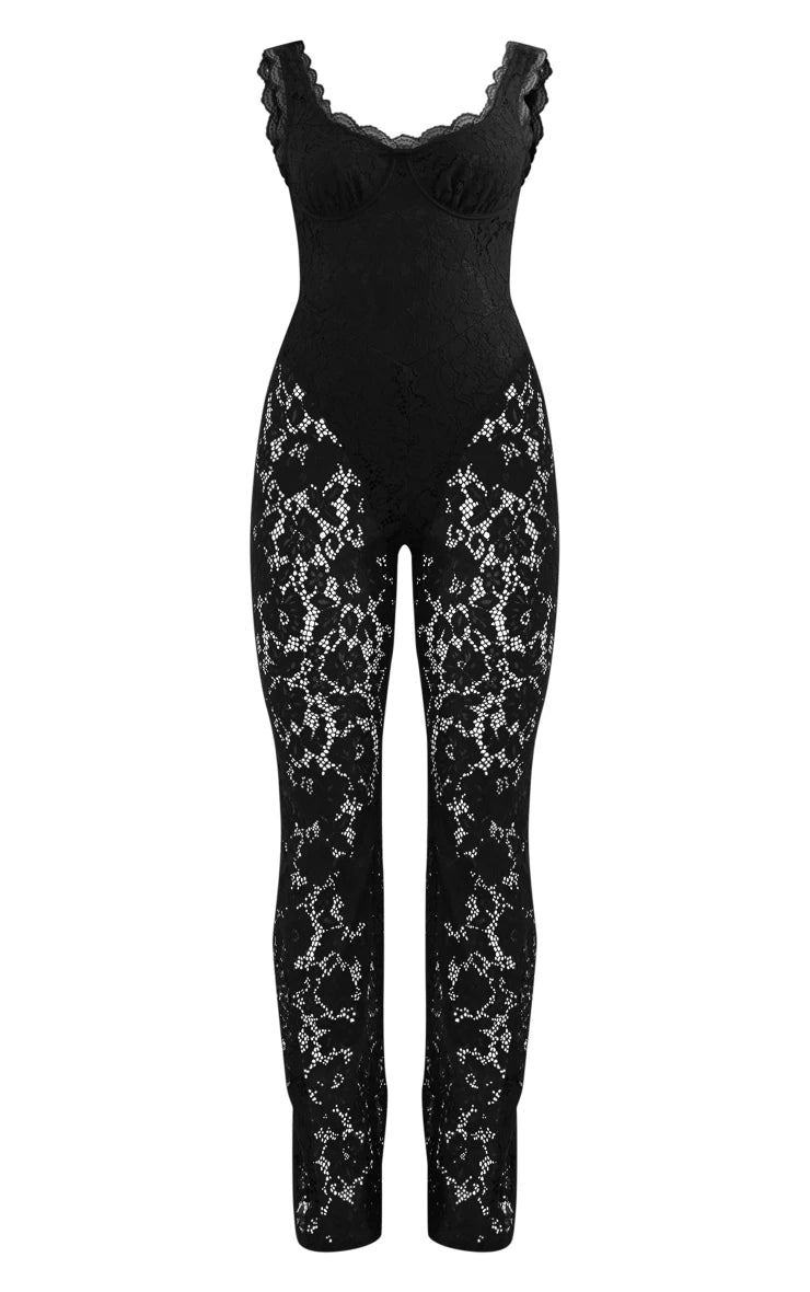 Black Lace Boning Detail Strappy Flared Jumpsuit