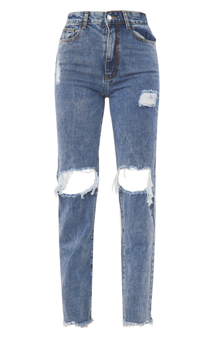 Vintage Wash High Rise Ripped Straight Leg Jeans