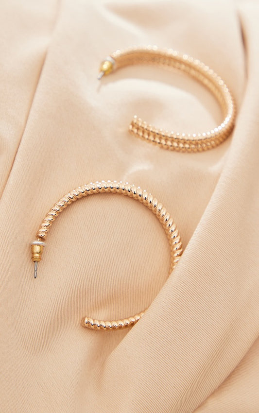 Gold Textured Twist Medium Hoop Earrings