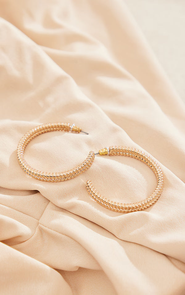 Gold Textured Twist Medium Hoop Earrings