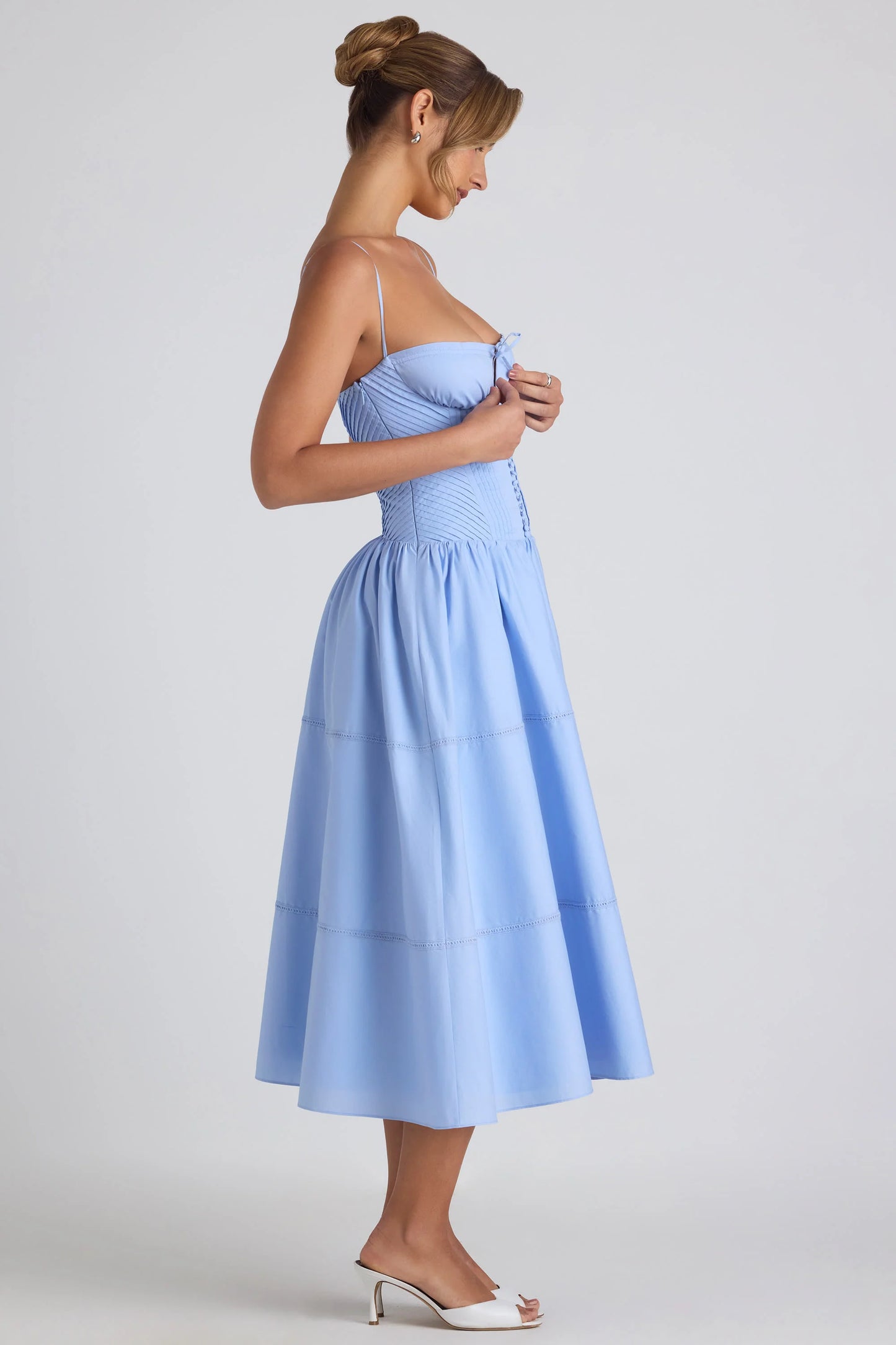 OhPolly - Lace-Trim Pintucked Poplin Midaxi Dress in Sky Blue