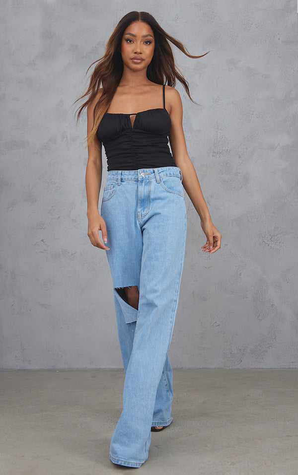 Black Mesh Ruched Sleeveless Bodysuit