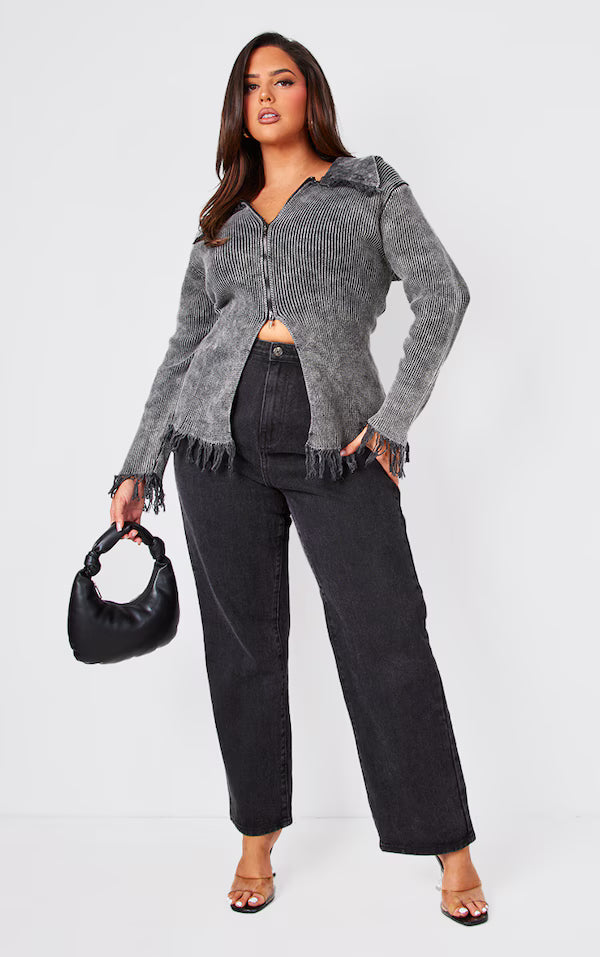 Plus Washed Grey Distressed Knit Split Hem Sweater