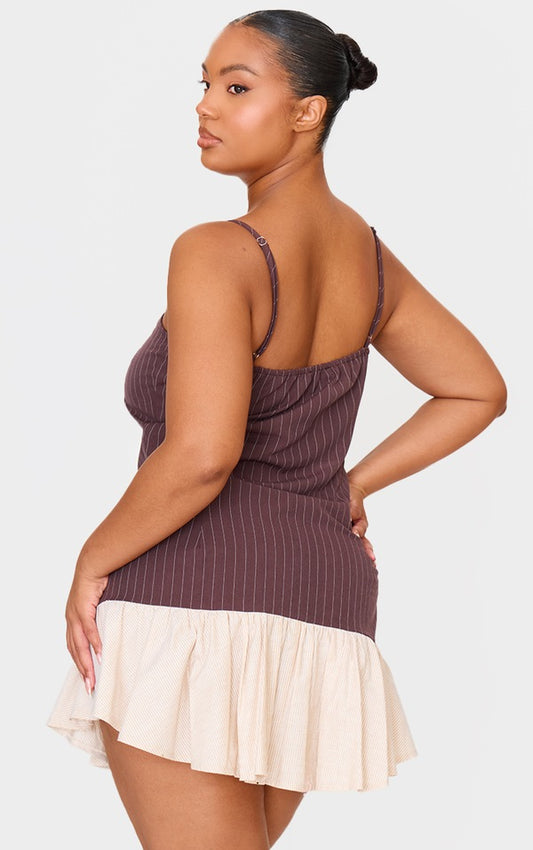Plus Brown Contrast Pinstripe Frill Hem Shift Dress