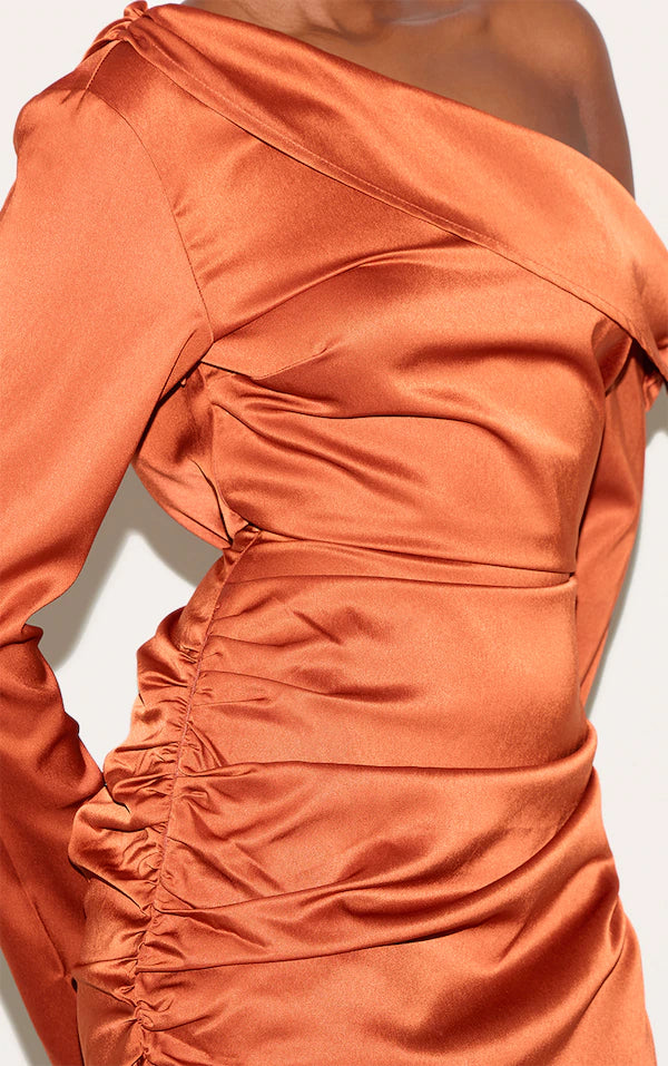Plt Plus Burnt Orange Satin One Shoulder Drape Bodycon Dress