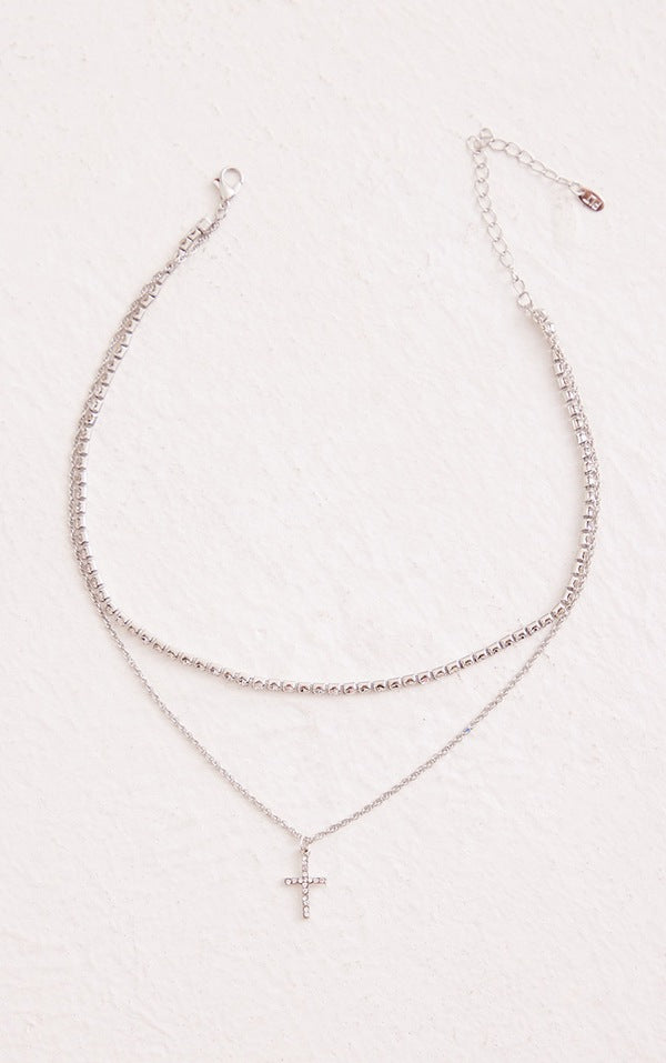 Silver Diamate Chain & Cross Multi Necklace