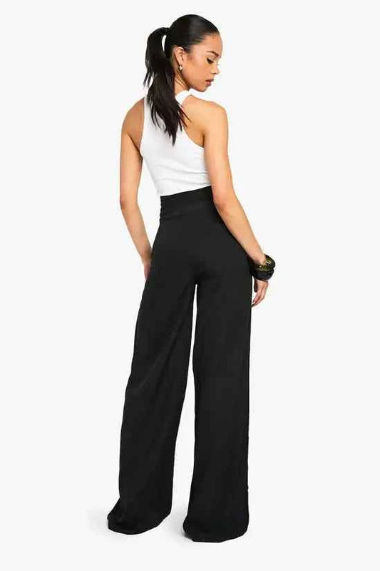 boohoo Linen Look Wide Leg Relaxed Fit Trousers