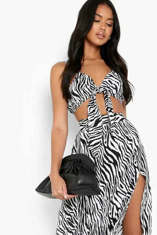 Boohoo - Zebra Print Knot Bralette & Split Maxi Skirt