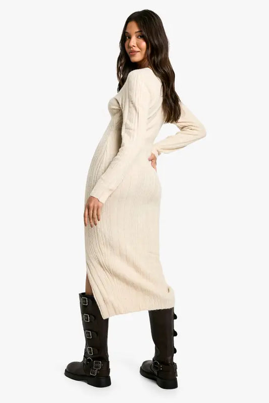 boohoo Square Neck Mixed Rib Knitted Midaxi Dress