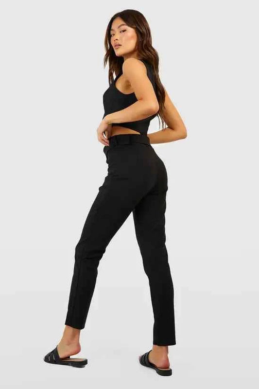 boohoo High Waisted Buckle Belted Tapered Trousers