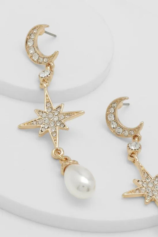 Celestial Moon And Stars Pearl Drop Earrings