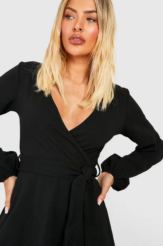 Boohoo - Blouson Sleeve Wrap Skater Dress