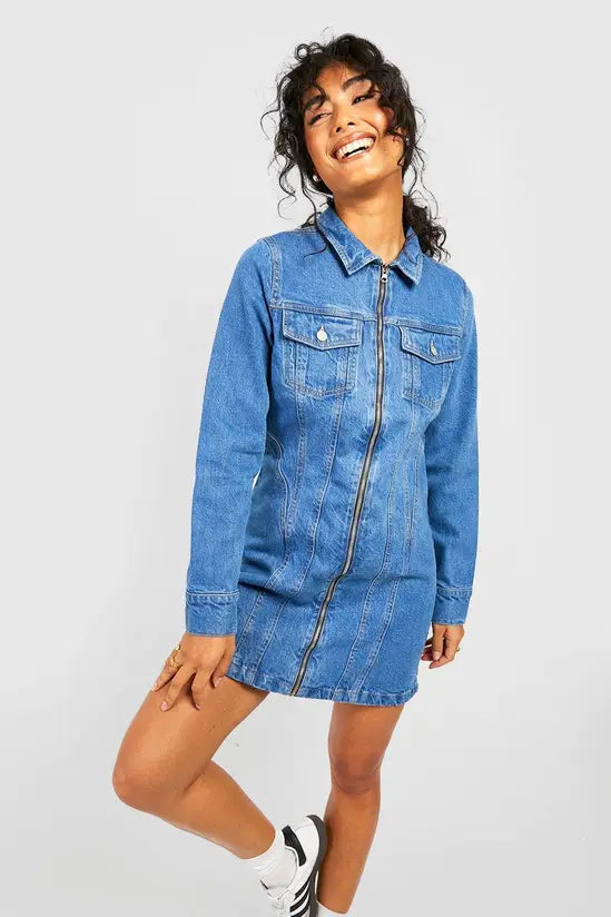 boohoo Zip Through Western Denim Shirt Dress