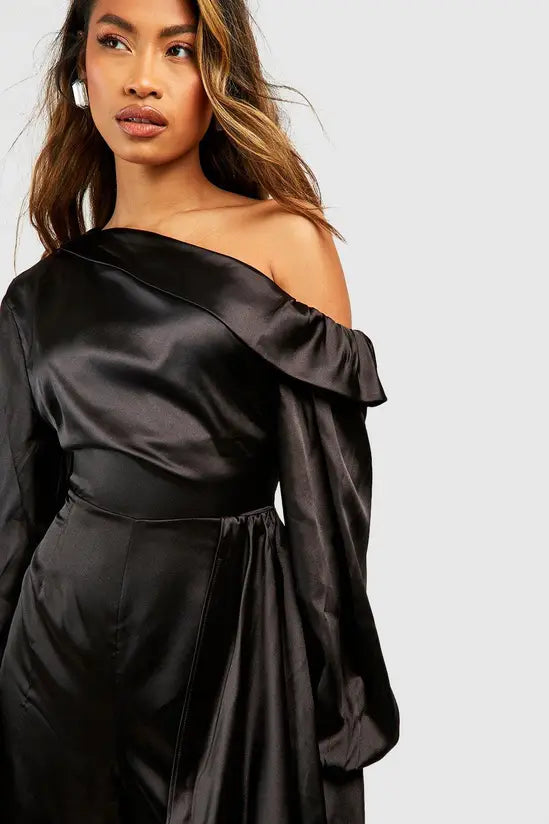 boohoo Satin One Shoulder Wide Leg Jumpsuit
