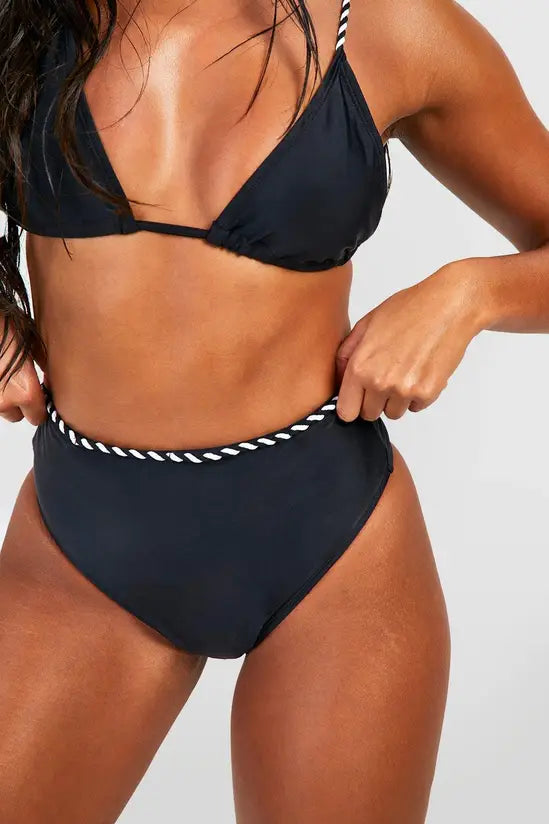 boohoo Monochrome Rope Detail Triangle Bikini Top & High Waist Bikini Bottoms Set