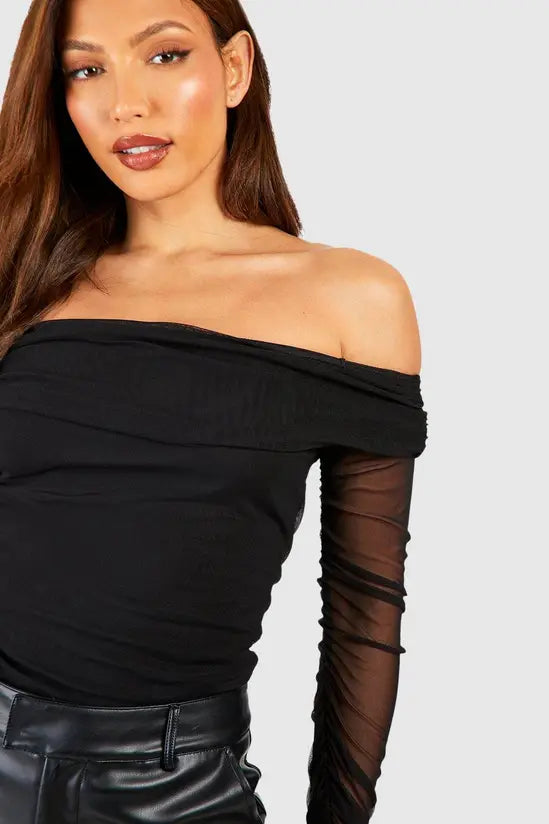 boohoo Tall Off The Shoulder Mesh Bodysuit