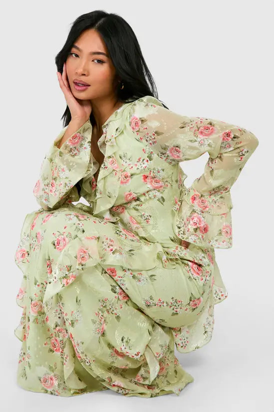boohoo Petite Ruffle Floral Jacquard Chiffon Maxi Dress