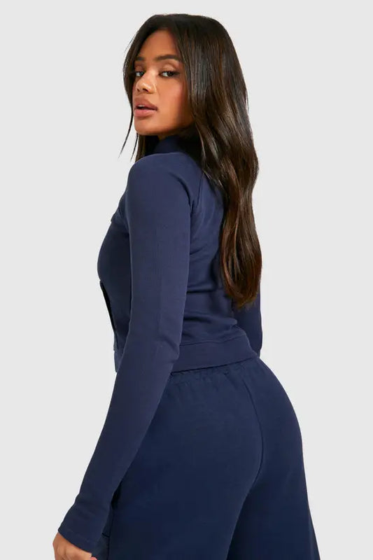 boohoo Badge Detail Ribbed Zip Through Top