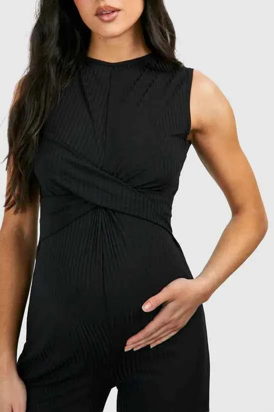 boohoo Maternity Rib Sleeveless Knot Detail Lounge Jumpsuit