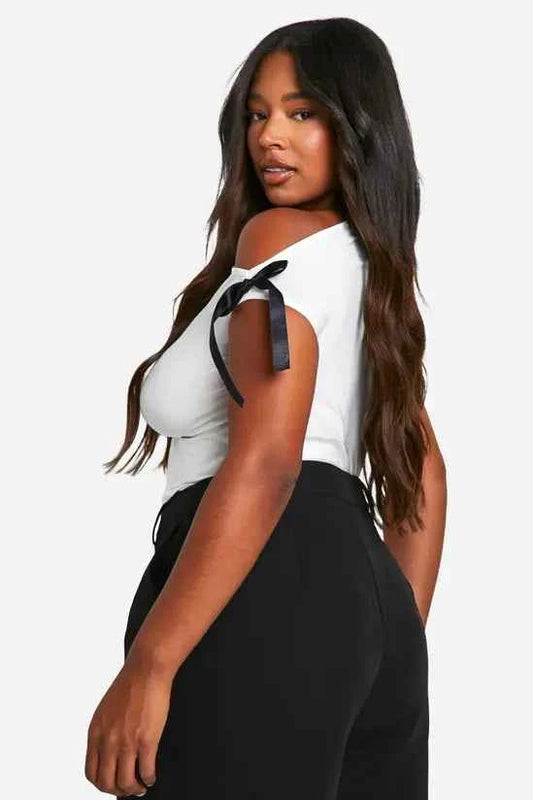boohoo Plus Asymmetric Neckline Bow Ribbon Detail