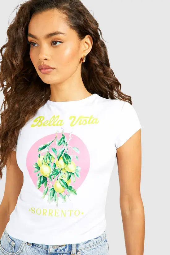 boohoo Lemons Printed Cap Sleeve Baby Tee