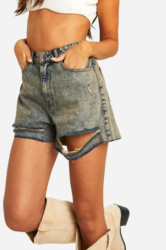 boohoo Dirty Tint Ripped Hem Denim Shorts