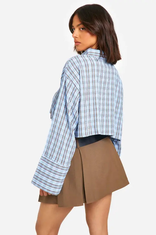 boohoo Boxy Crop Textured Check Shirt