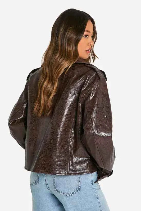 boohoo Tall Croc Faux Leather Cropped Trench Coat