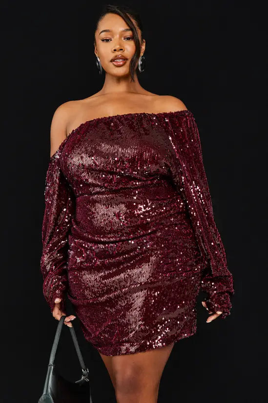 boohoo Plus Sequin Off Sholder Ruched Mini Dress