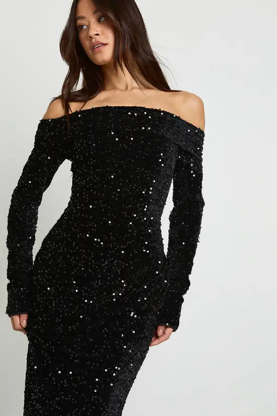 boohoo Tall Velvet Sequin Bardot Maxi Dress