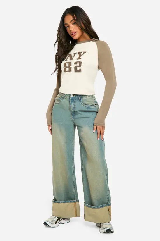 boohoo Long Sleeve Printed Jersey Raglan Top