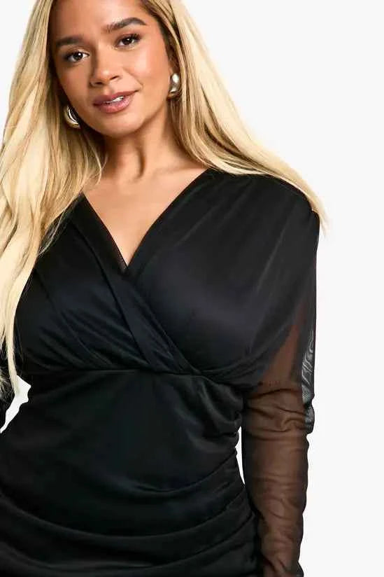 Boohoo Plus Mesh Ruched Wrap Dress