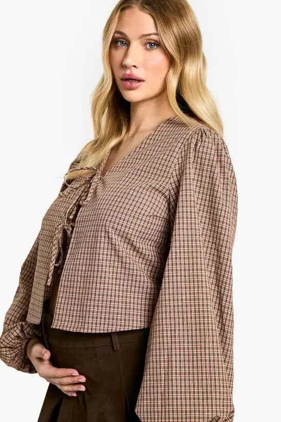 boohoo Maternity Woven Check Balloon Sleeve Tie Detail Top